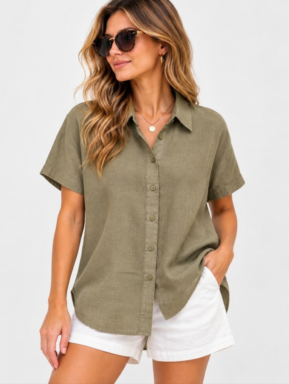 Lauren Ralph Lauren 100% Linen Olive Green Dolman Sleeve Shirt XXL